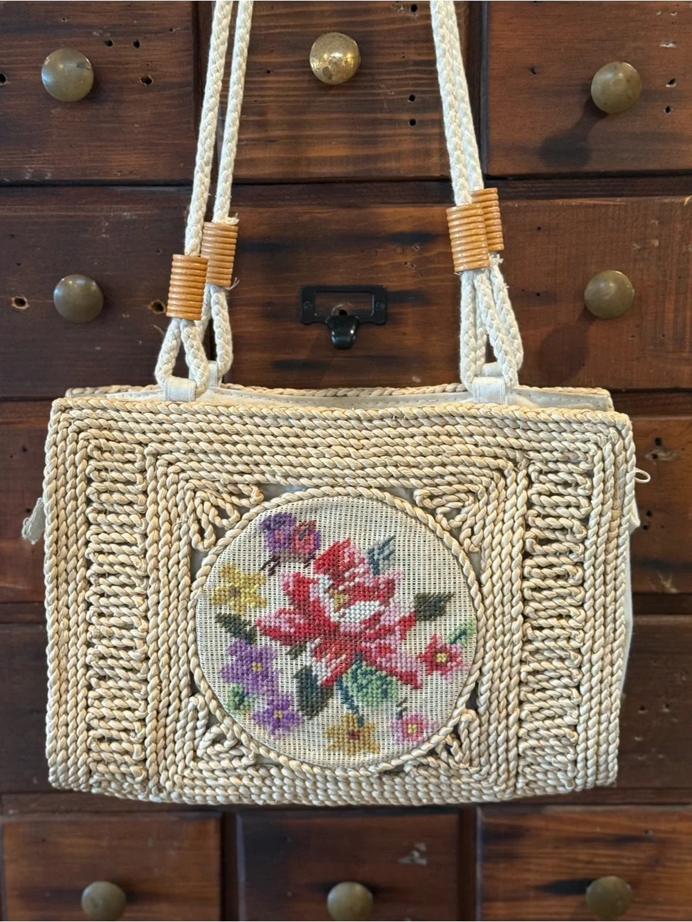 Vintage Artisan Needlepoint Purse Handbag Shoulder Bag Hemp Jute 1950s